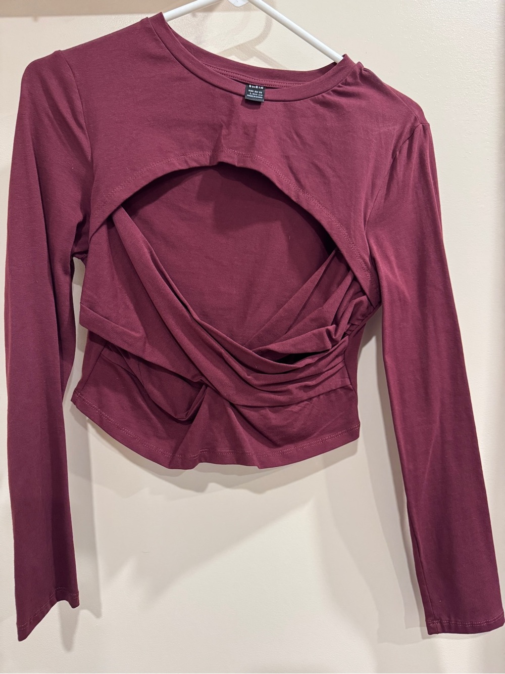 SHEIN Burgundy Long Sleeve Twist-Detail Crop Top